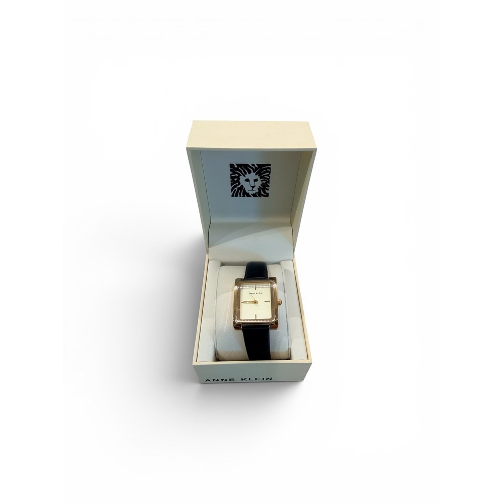 Anne Klein Womens Gold Tone Crystal Rectangular Watch Black Leather AK/2706CHBK